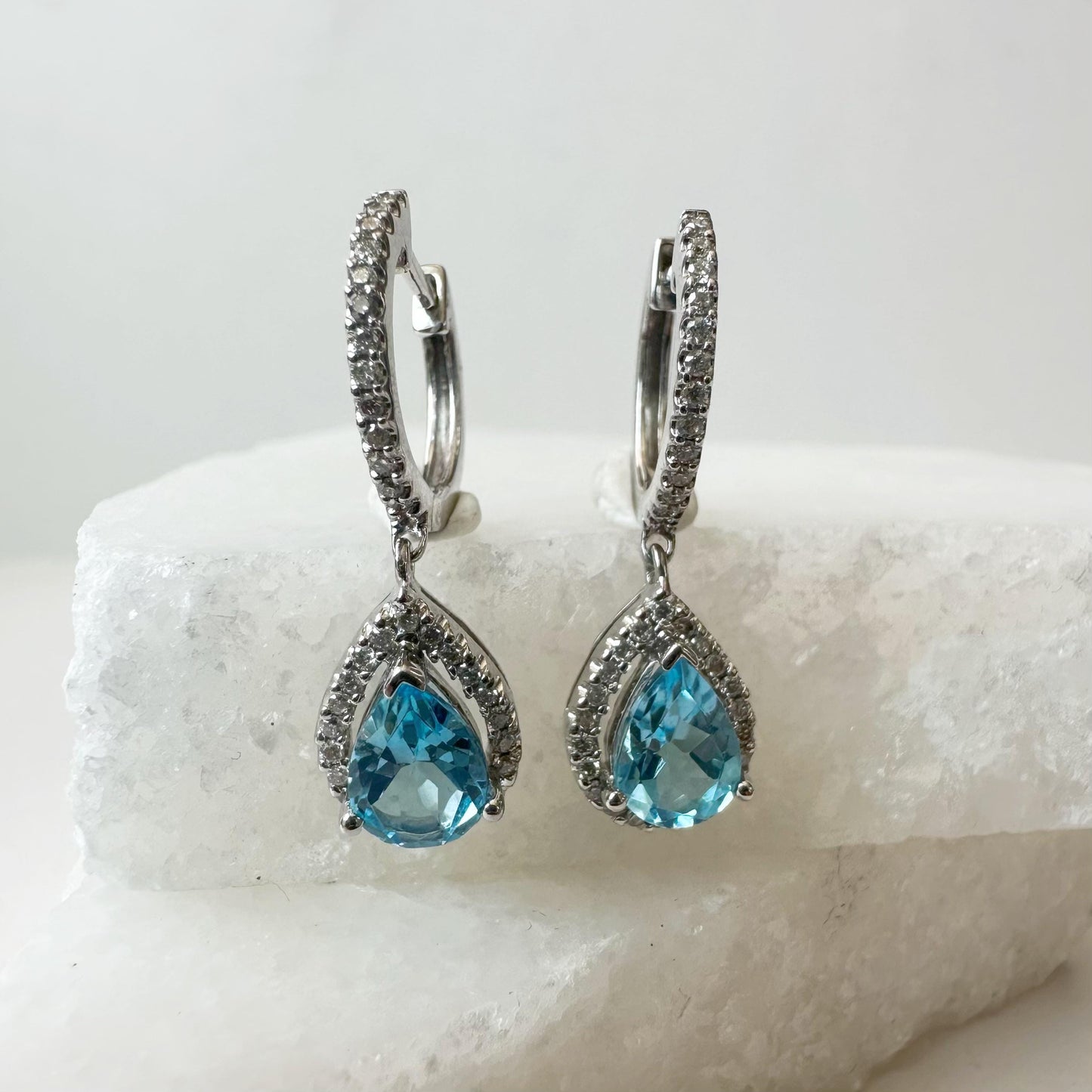 14K Solid White Gold Genuine Diamond and Blue Topaz Teardrop Dangle Earrings/Pair