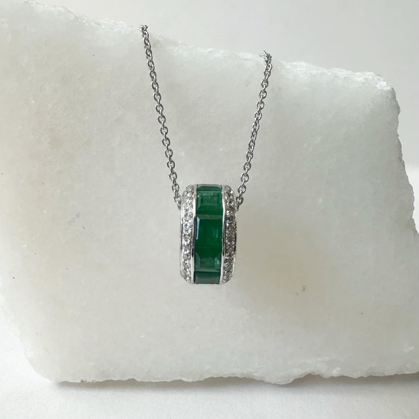 14K Solid White Gold Genuine Emerald and Diamond Barrel Pendant