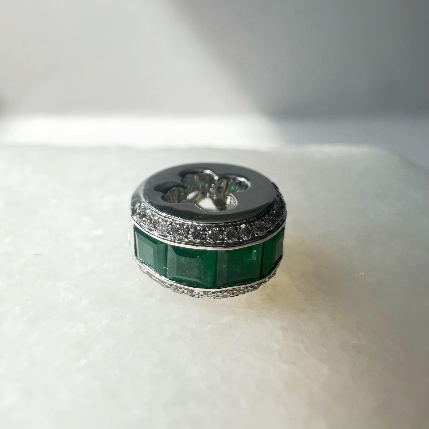 14K Solid White Gold Genuine Emerald and Diamond Barrel Pendant