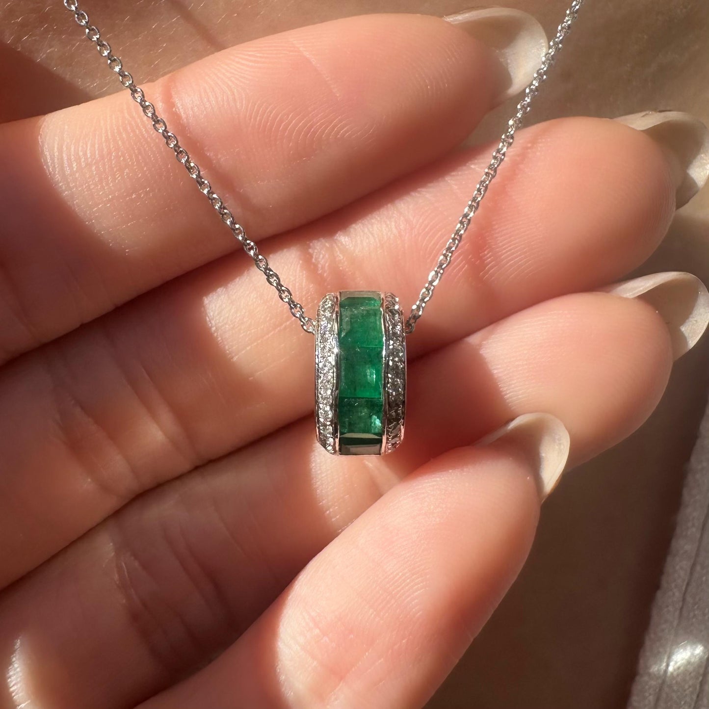 14K Solid White Gold Genuine Emerald and Diamond Barrel Pendant