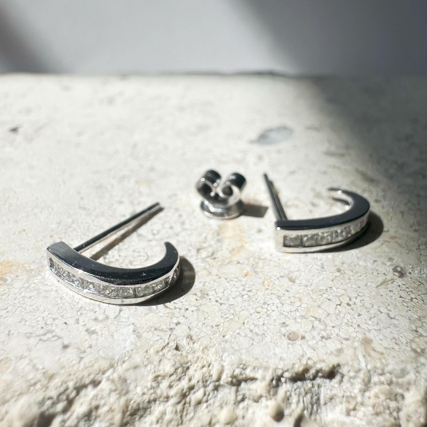 14K Solid White Gold Diamond Huggie Earrings/Pair