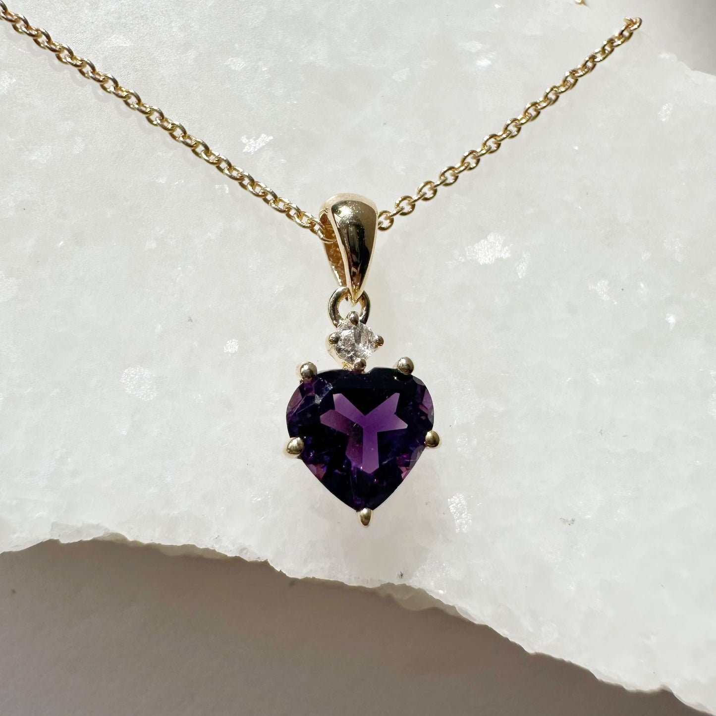 14K Solid Gold Heart Shaped Genuine 5 Prong Amethyst and Diamond Pendant