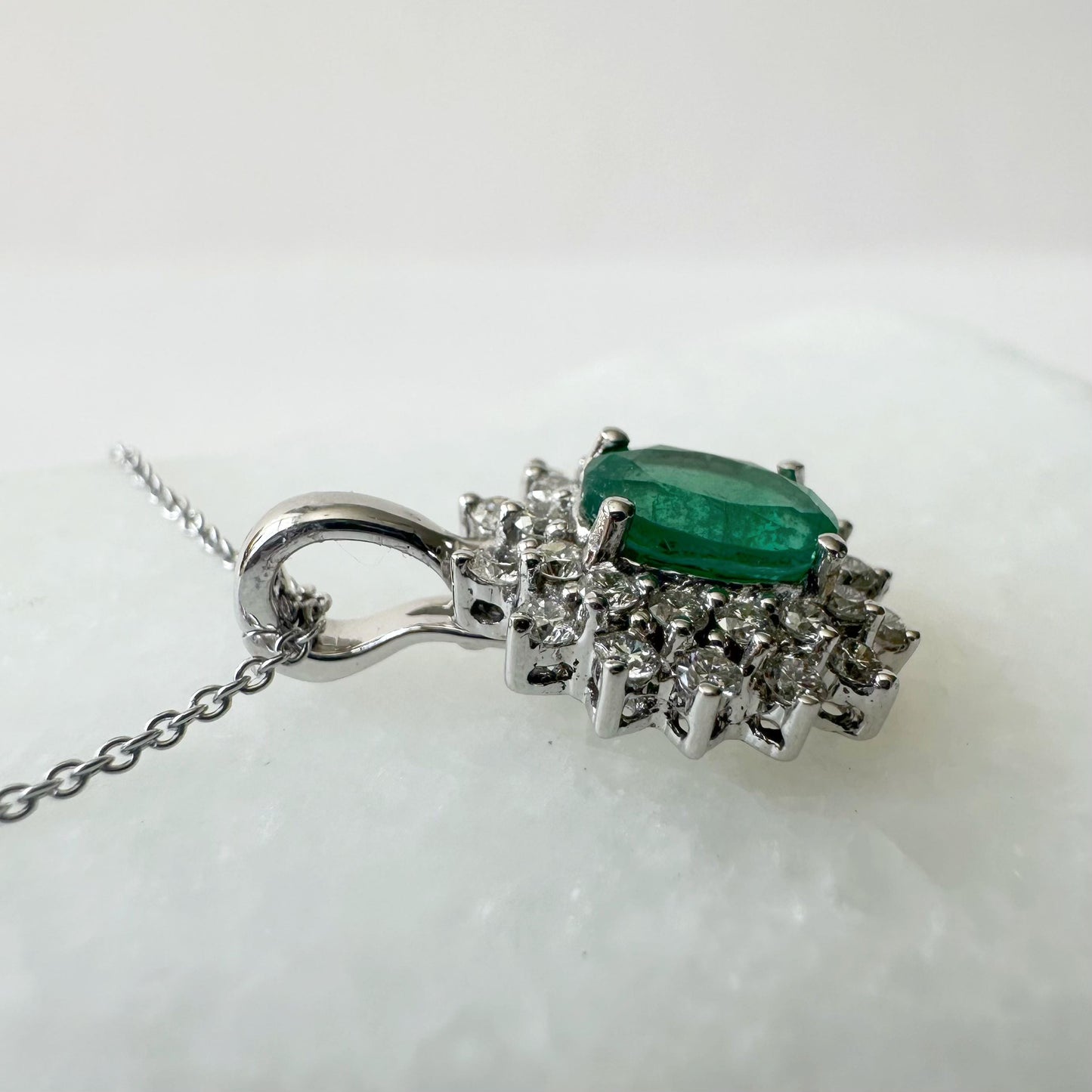 14K Solid White Gold Genuine Emerald and Diamond Halo Pendant