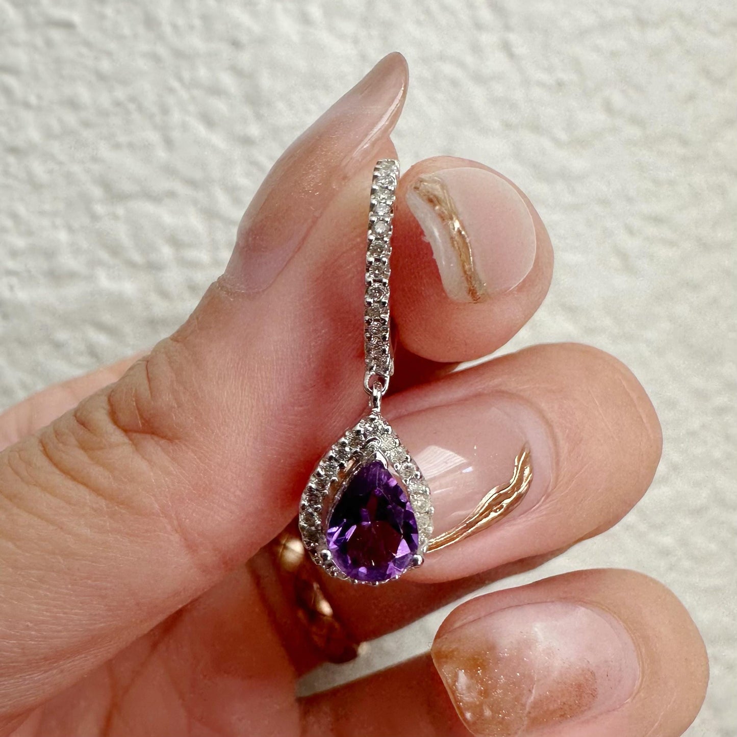 14K Solid White Gold Genuine Diamond and Amethyst Teardrop Dangle Earrings/Pair