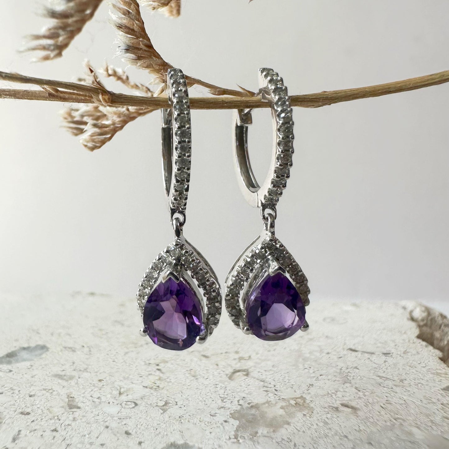 14K Solid White Gold Genuine Diamond and Amethyst Teardrop Dangle Earrings/Pair