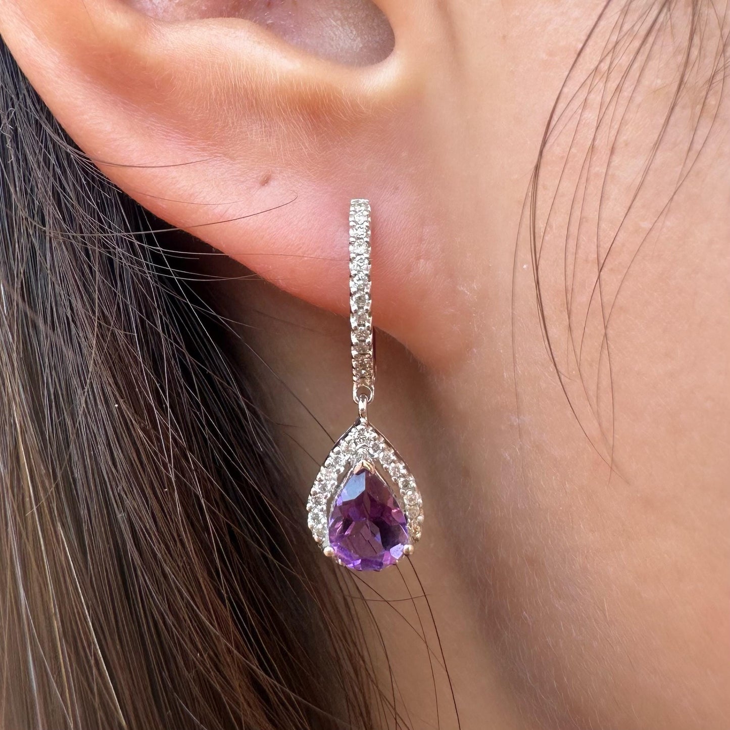 14K Solid White Gold Genuine Diamond and Amethyst Teardrop Dangle Earrings/Pair