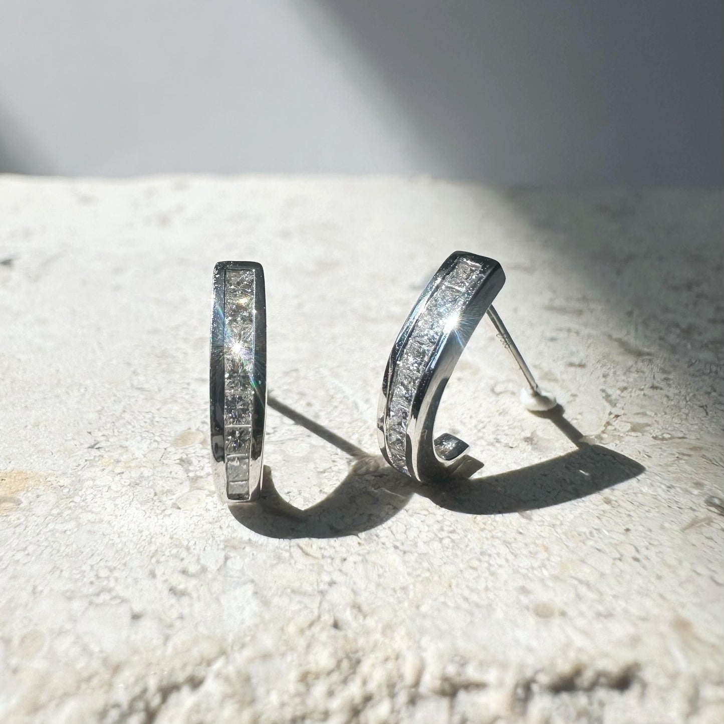 14K Solid White Gold Diamond Huggie Earrings/Pair