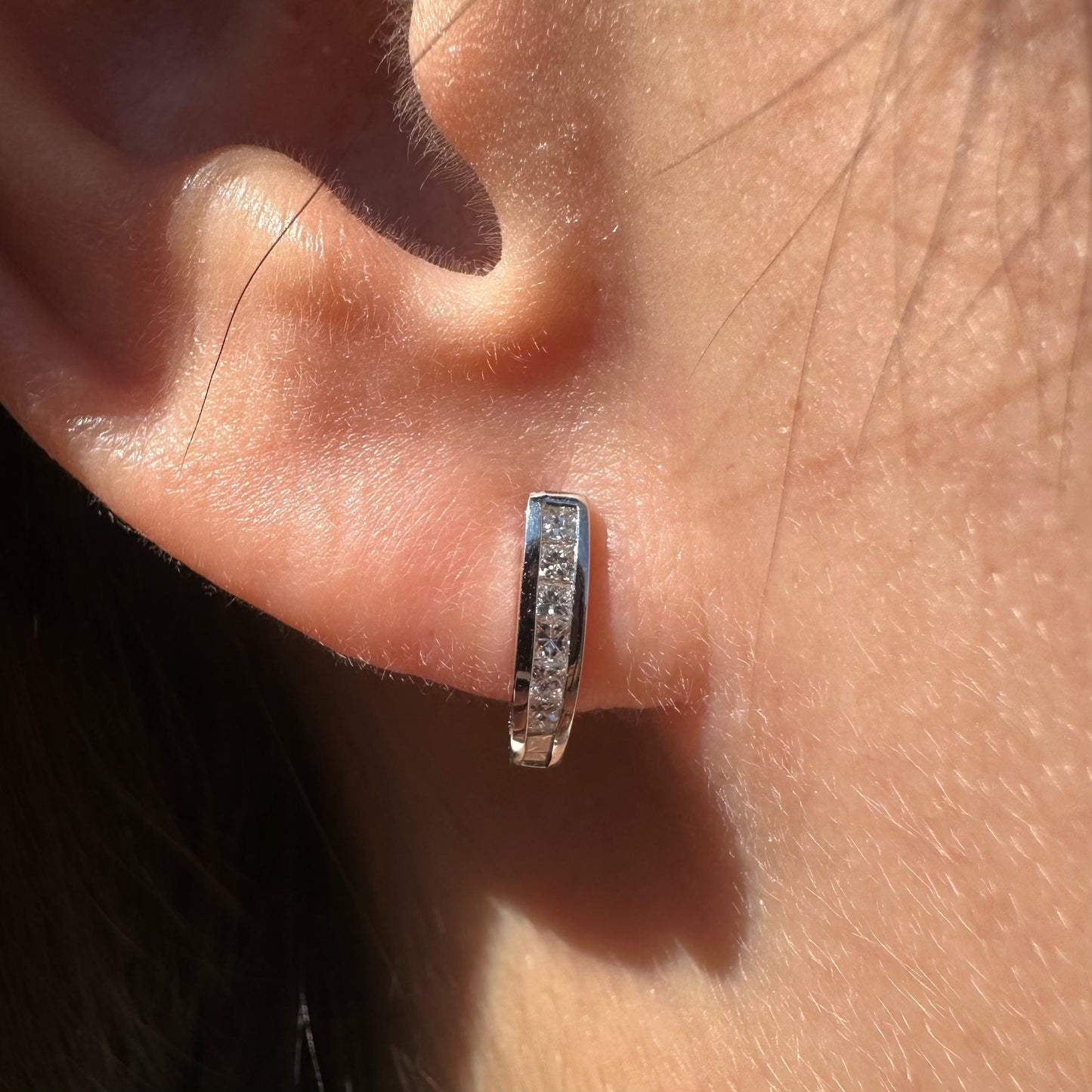 14K Solid White Gold Diamond Huggie Earrings/Pair