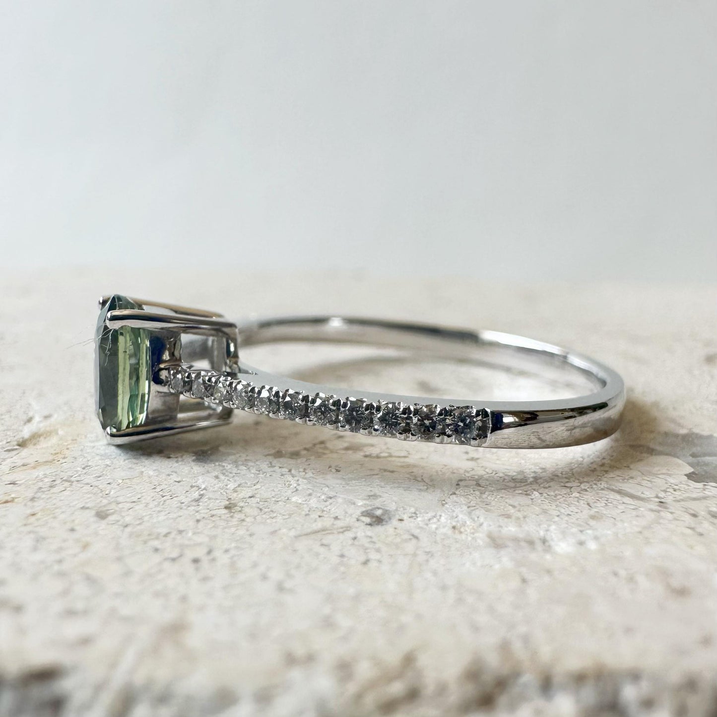 14K Solid White Gold Genuine Oval Green Sapphire and Diamond Ring