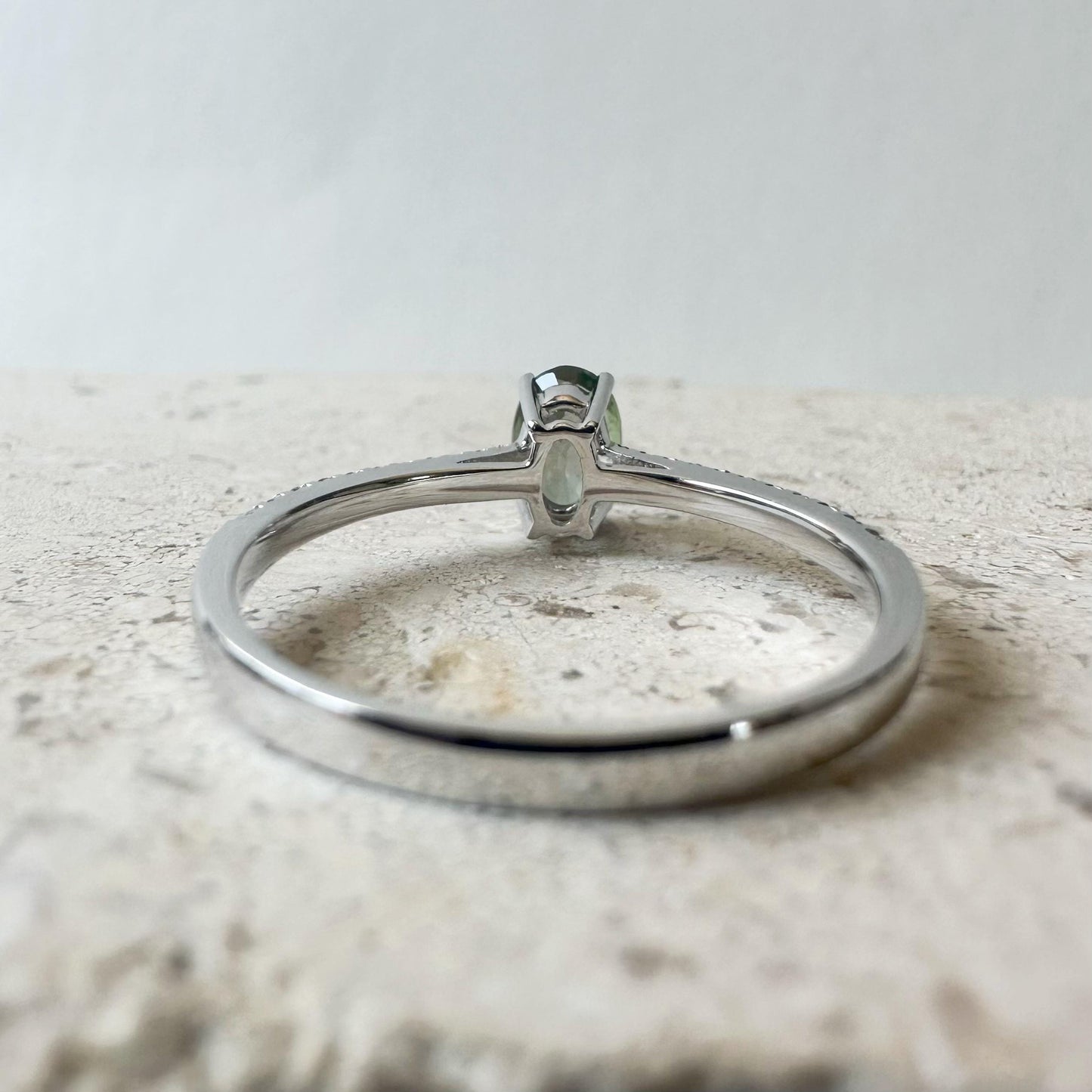 14K Solid White Gold Genuine Oval Green Sapphire and Diamond Ring