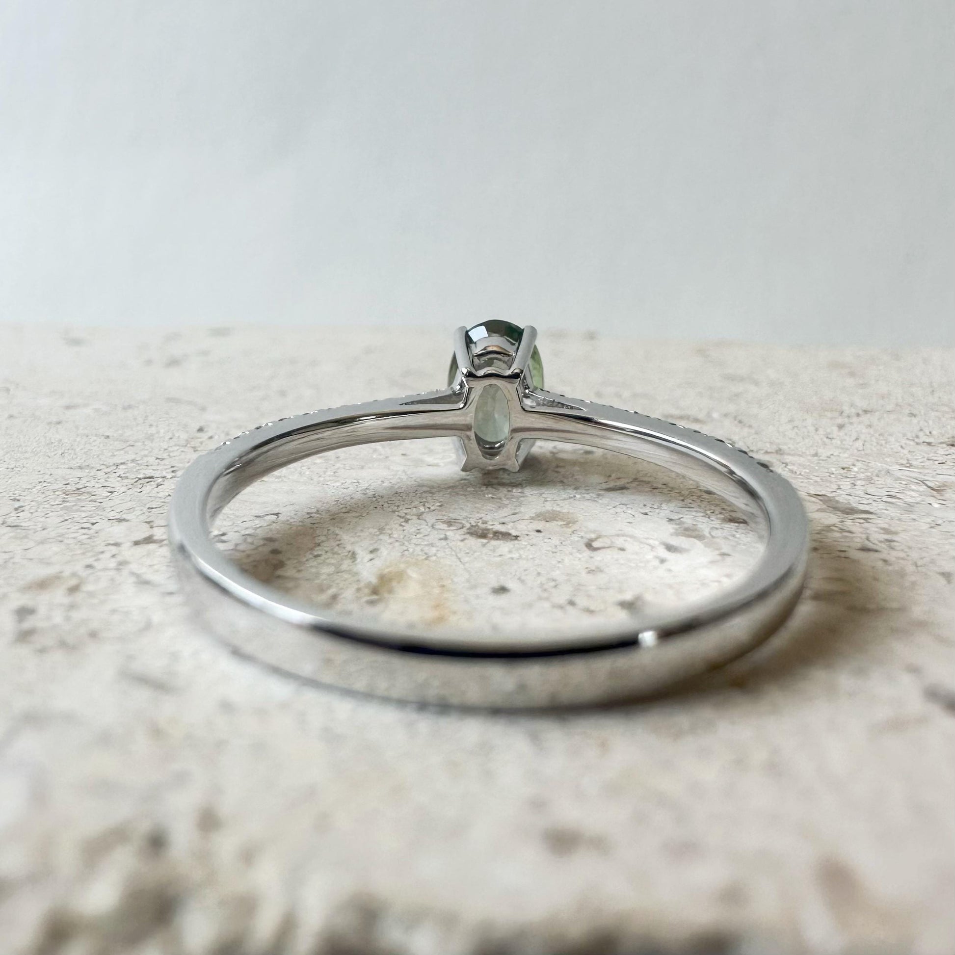 14K Solid White Gold Genuine Oval Green Sapphire and Diamond Ring