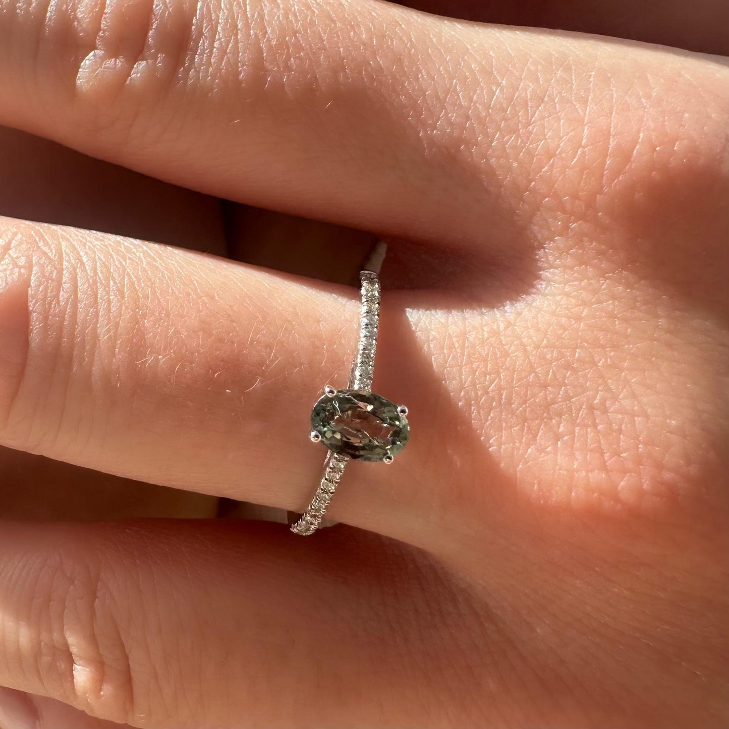 14K Solid White Gold Genuine Oval Green Sapphire and Diamond Ring