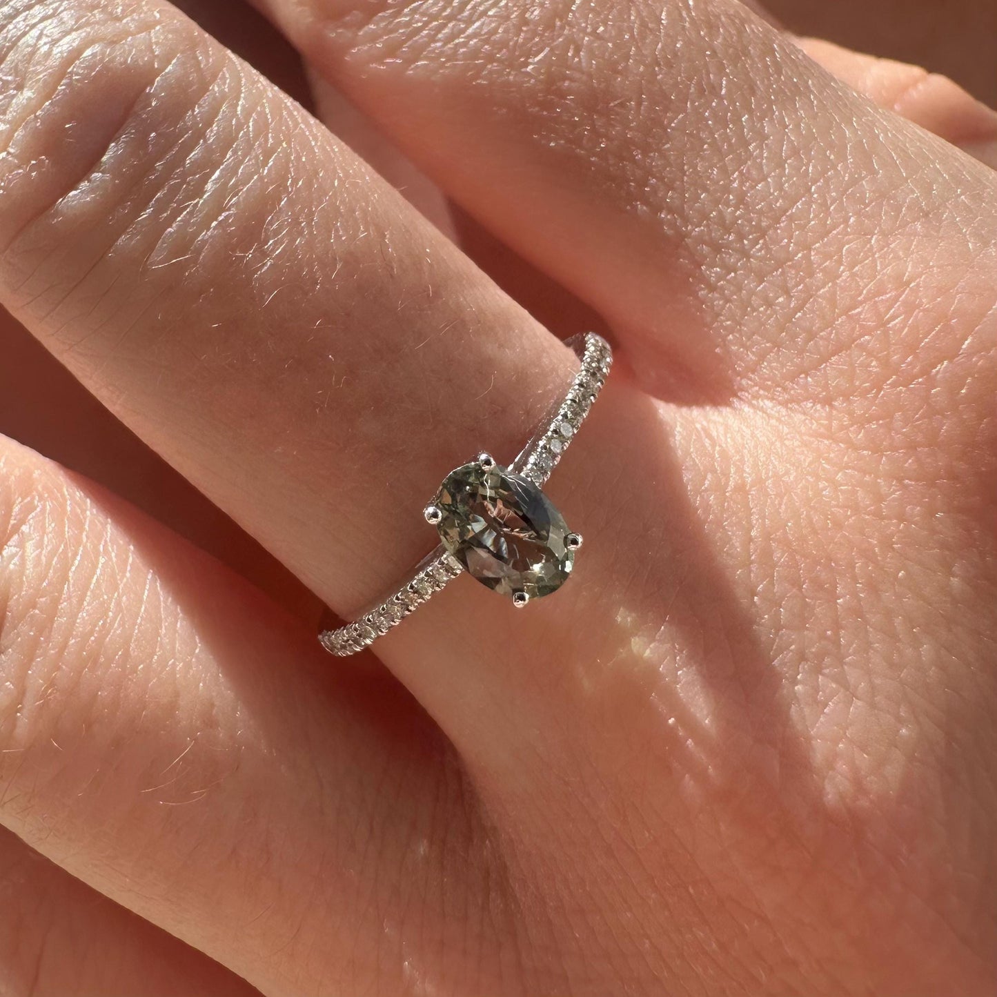 14K Solid White Gold Genuine Oval Green Sapphire and Diamond Ring