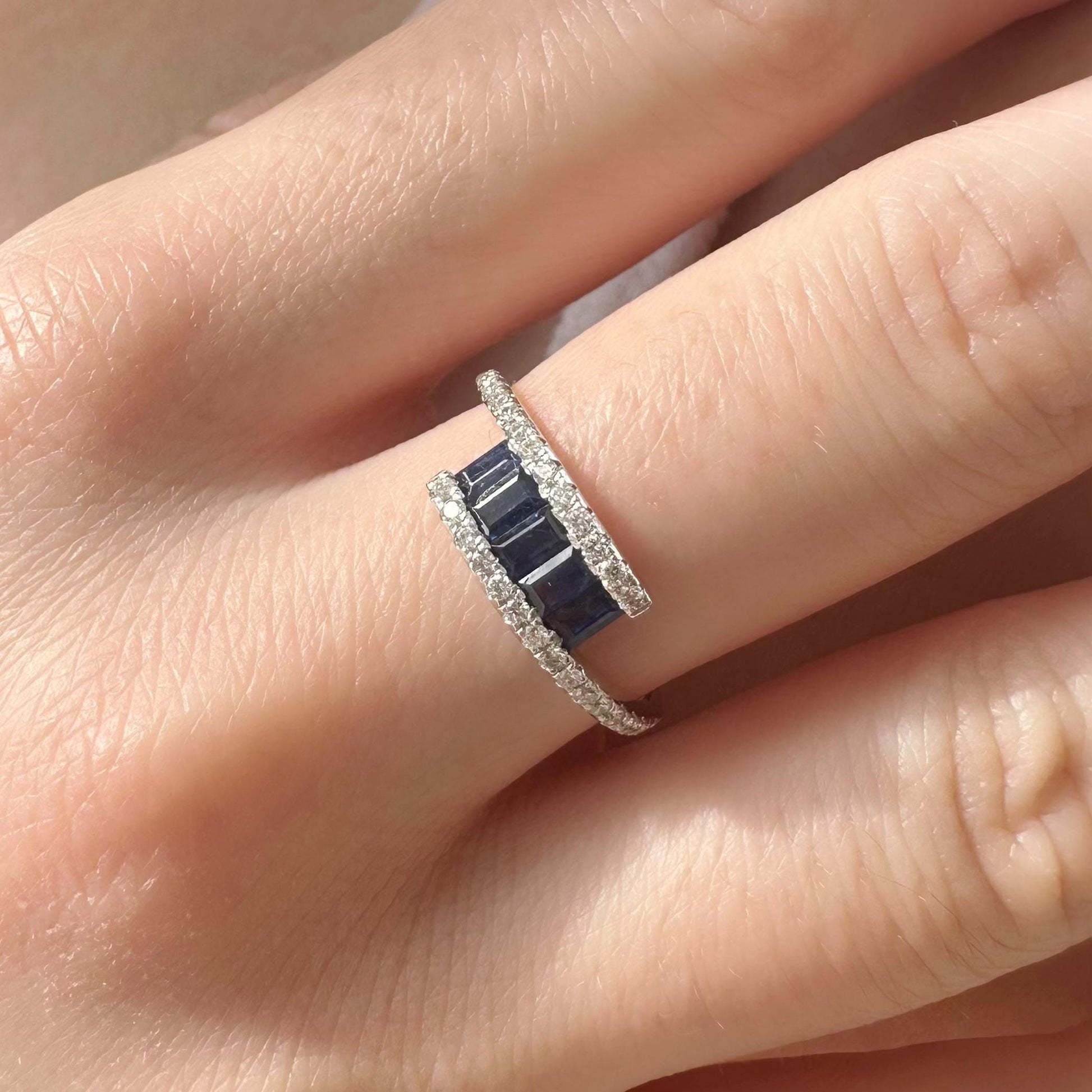 14K Solid White Gold Genuine Baguette Sapphire and Diamond Ring