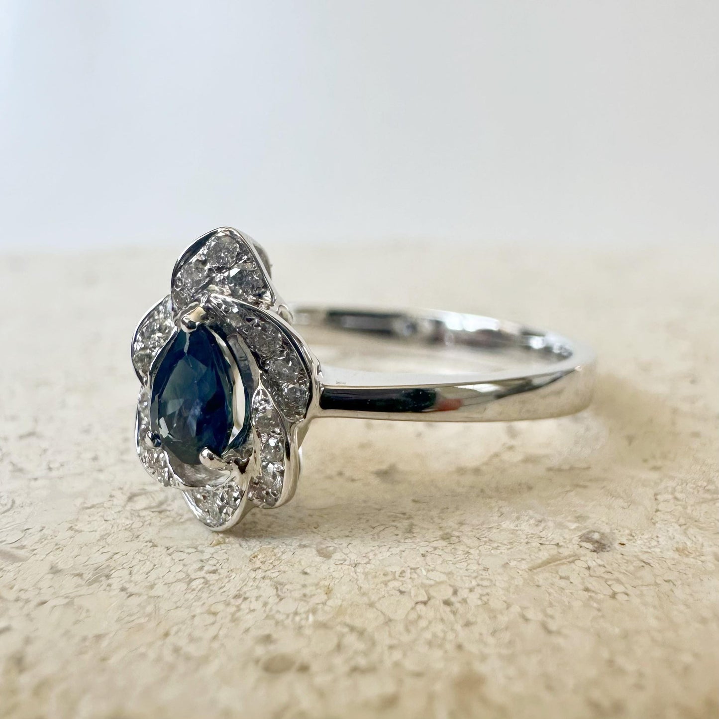 14K Solid Gold Genuine Teardrop Sapphire and Diamond Ring