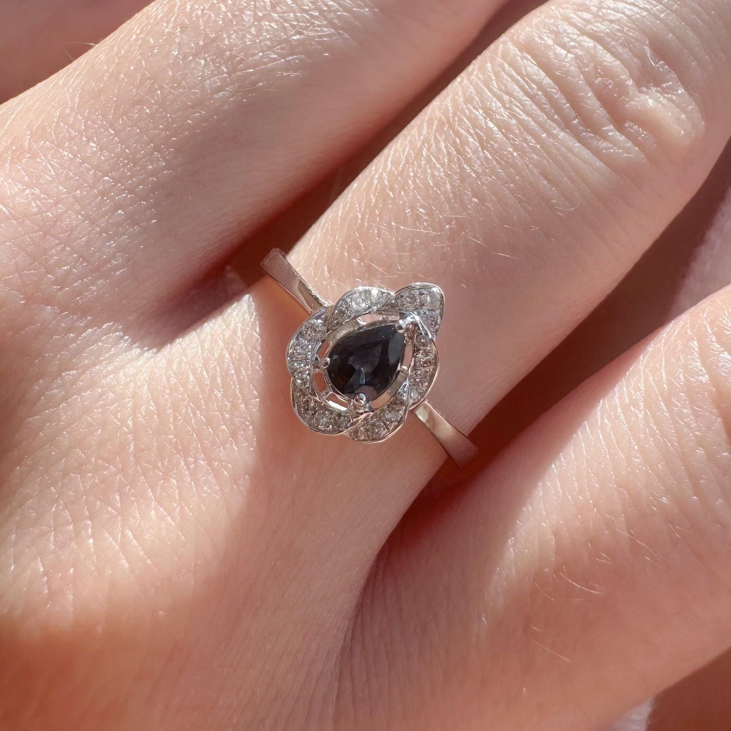 14K Solid Gold Genuine Teardrop Sapphire and Diamond Ring