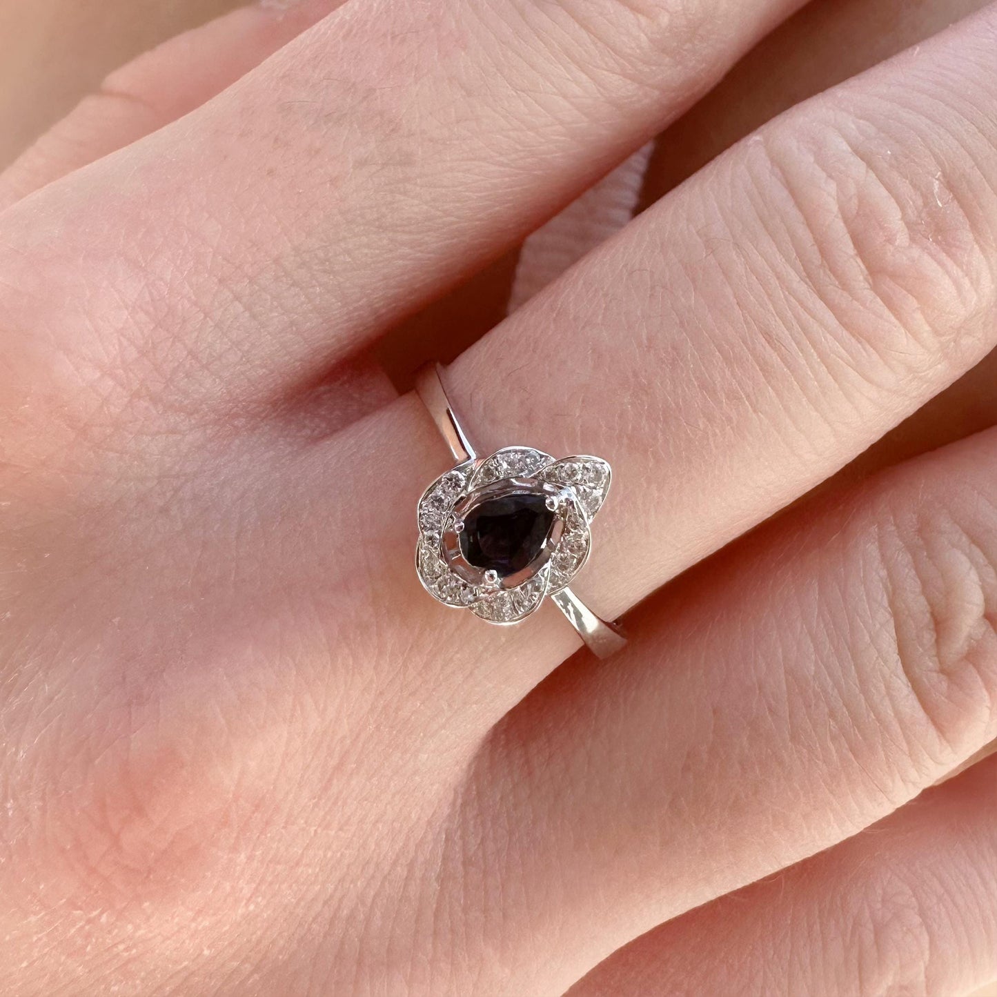 14K Solid Gold Genuine Teardrop Sapphire and Diamond Ring