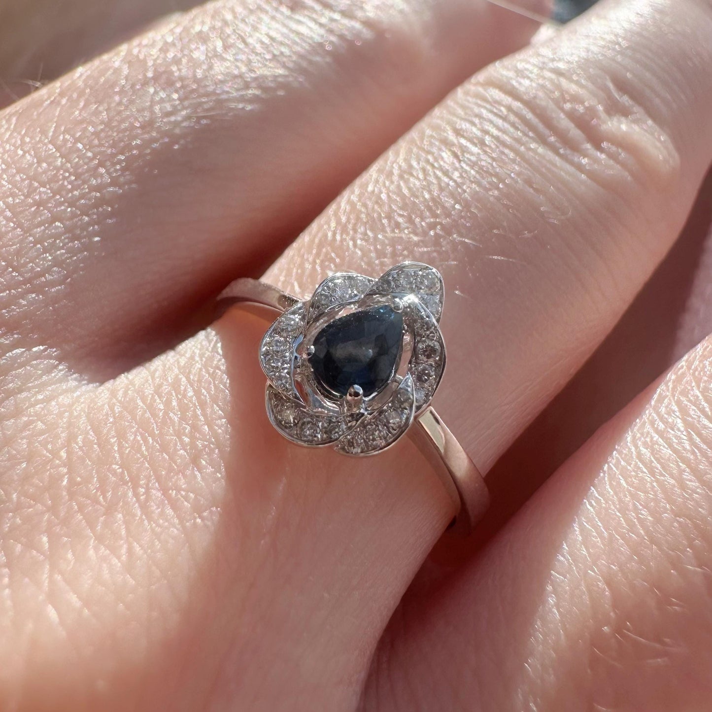 14K Solid Gold Genuine Teardrop Sapphire and Diamond Ring