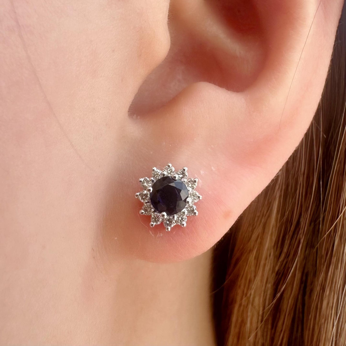 14K Solid Gold Genuine Sapphire and Diamond Sun Studs/Pair