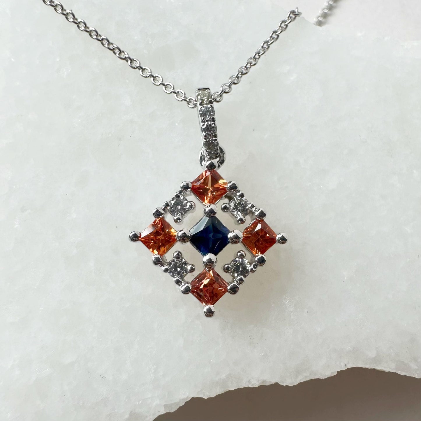 14K Solid Gold Genuine Color Sapphire and Diamond Tetris Pendant