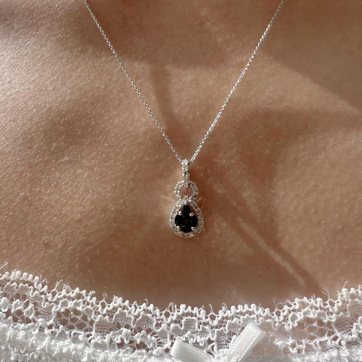 14K Solid White Gold Genuine Sapphire Cluster and Diamond Pendant