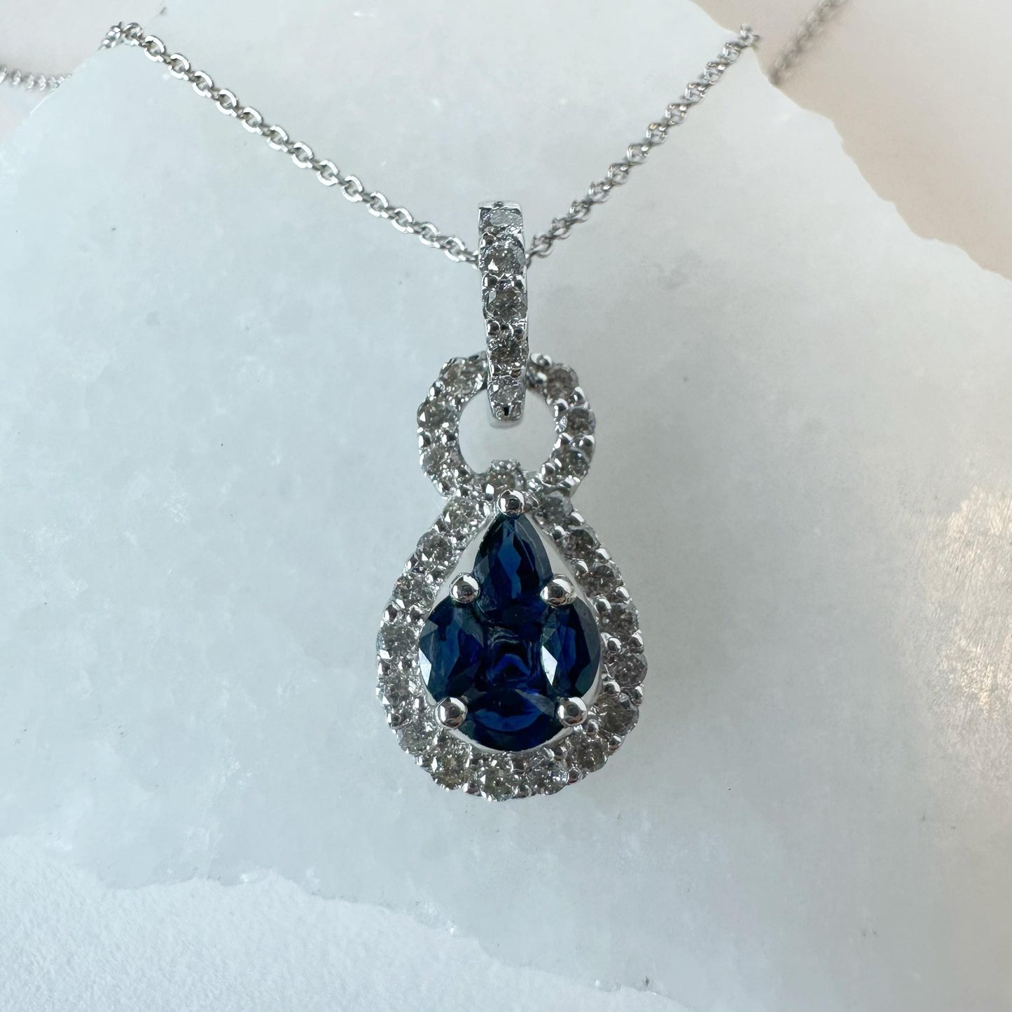 14K Solid White Gold Genuine Sapphire Cluster and Diamond Pendant