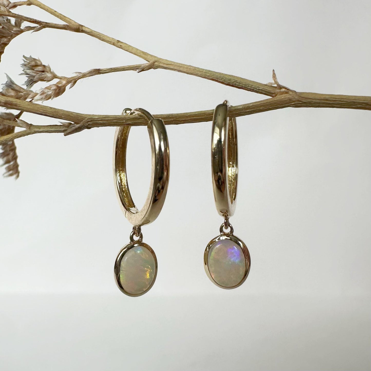 14K Solid Gold Genuine Bezel Australian Opal Dangle Hoops