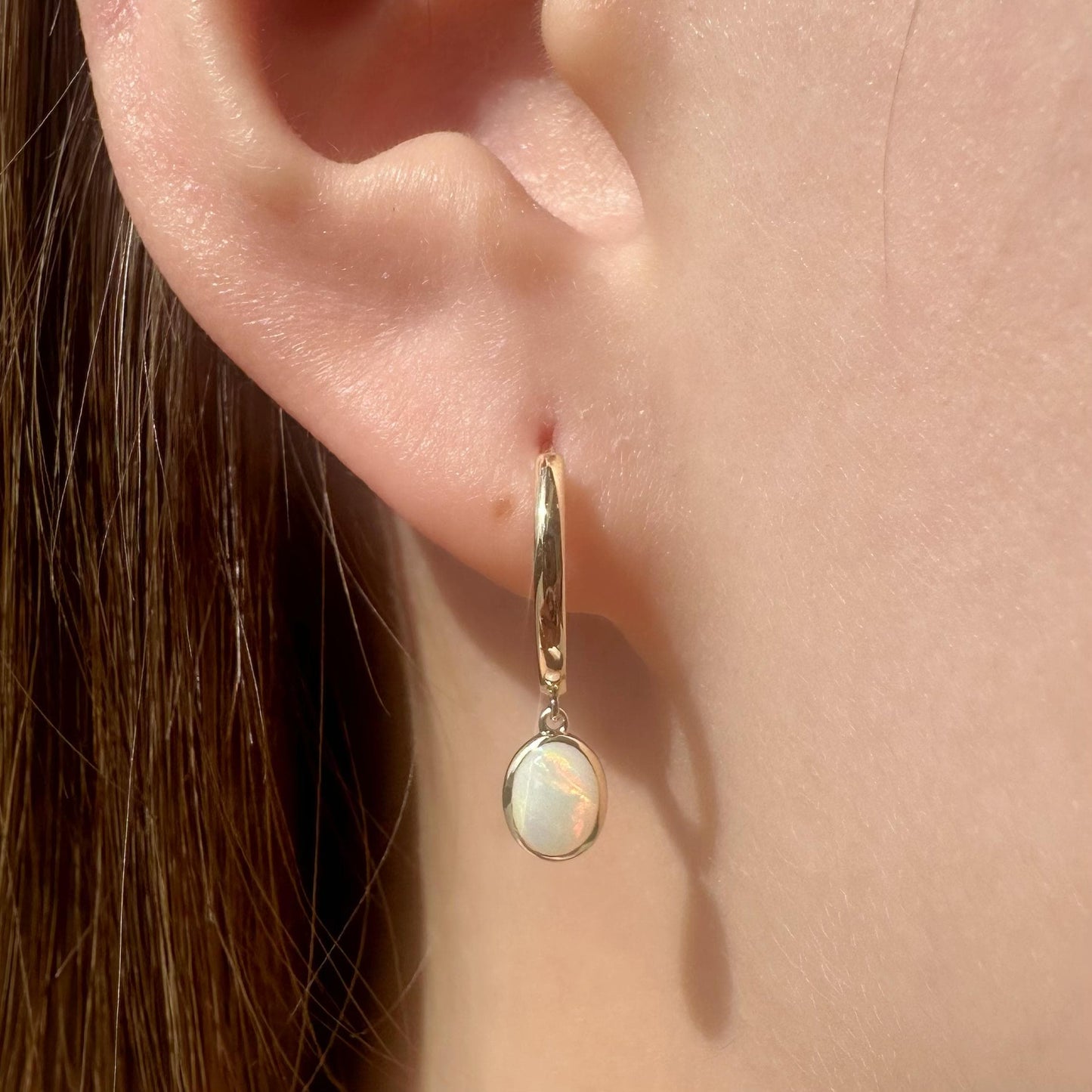 14K Solid Gold Genuine Bezel Australian Opal Dangle Hoops
