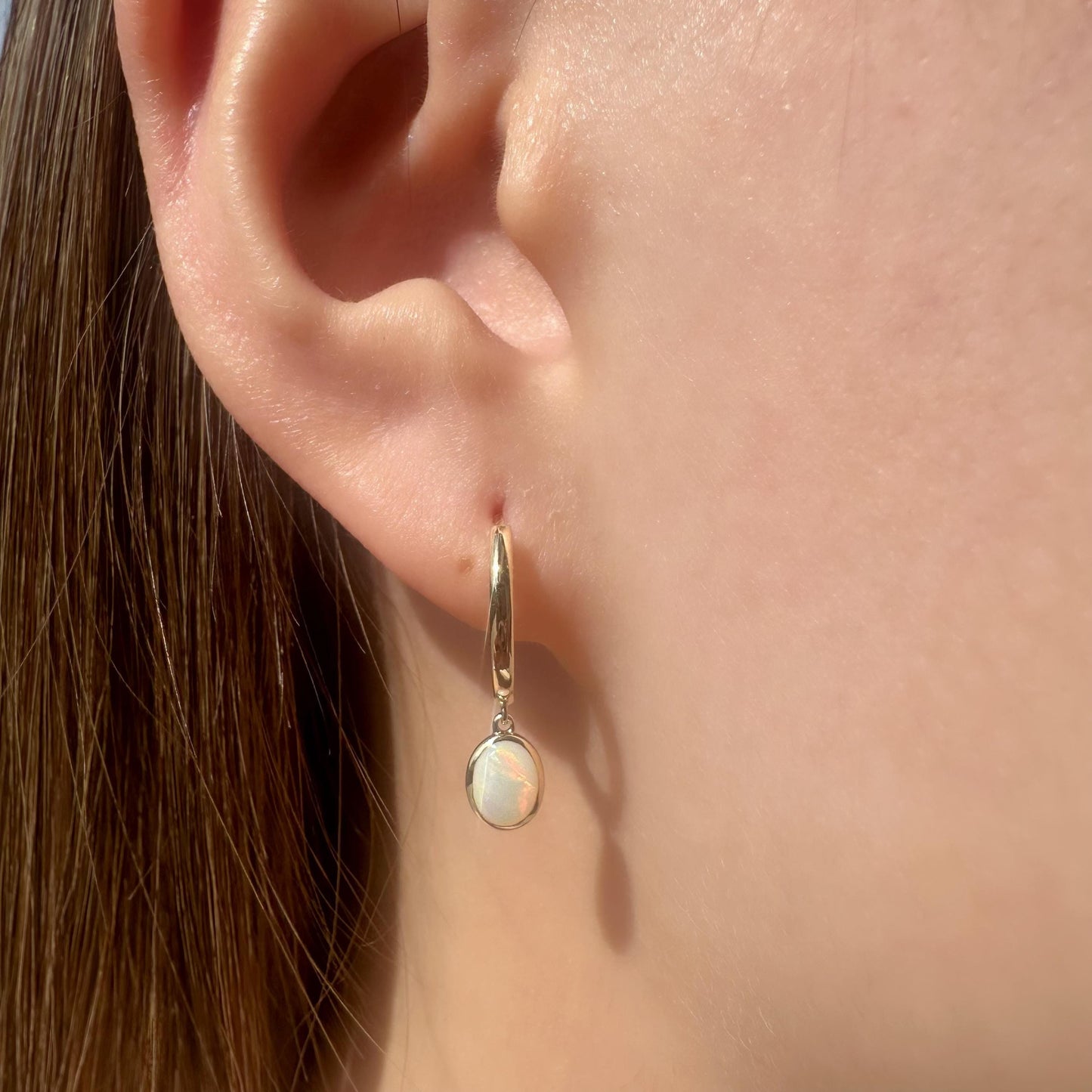 14K Solid Gold Genuine Bezel Australian Opal Dangle Hoops
