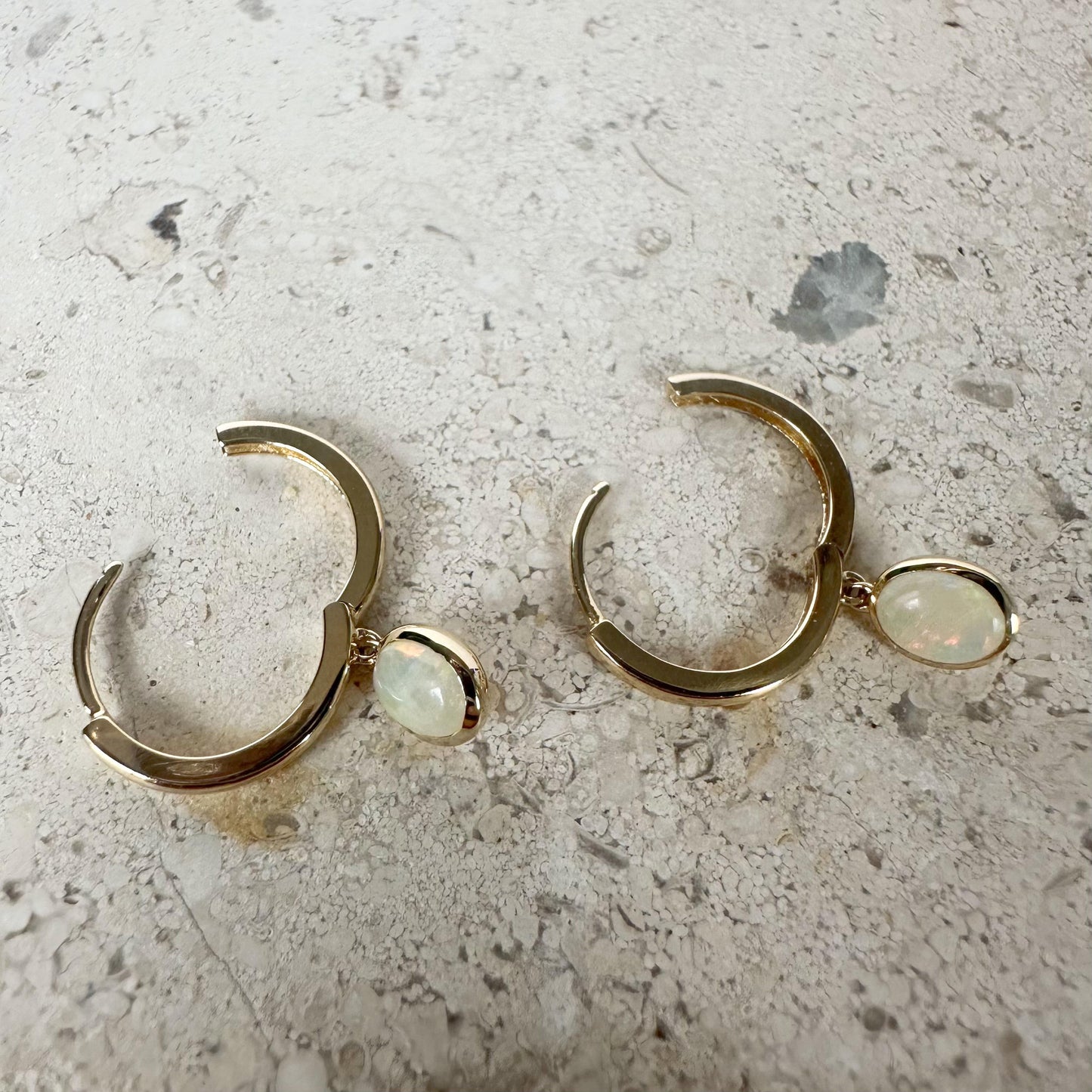 14K Solid Gold Genuine Bezel Australian Opal Dangle Hoops