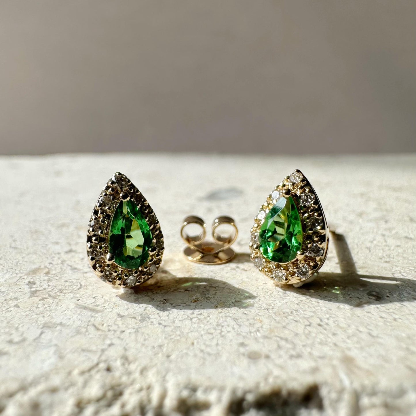 14K Solid Gold Genuine Diamond and Tsavorite Garnet Teardrop Studs/Pair