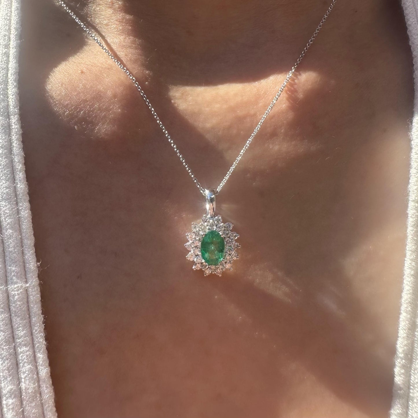 14K Solid White Gold Genuine Emerald and Diamond Halo Pendant
