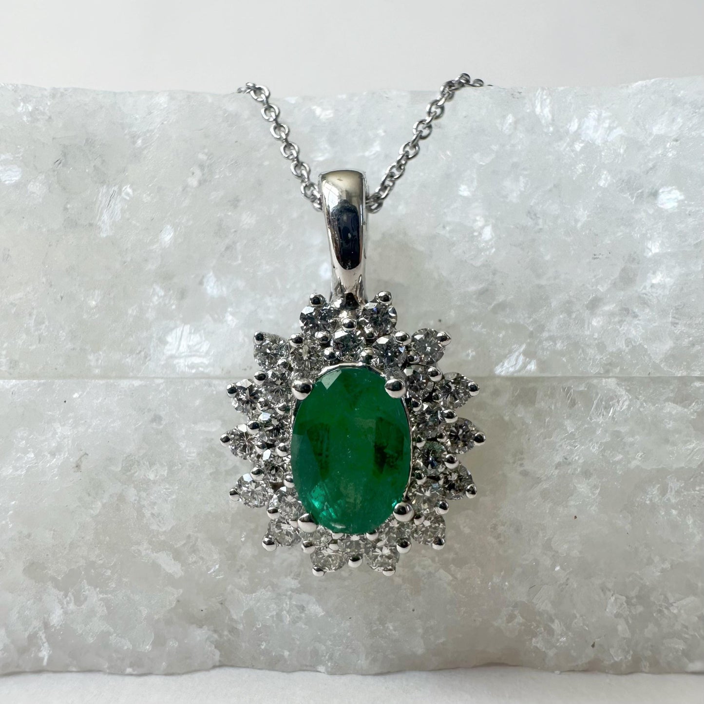 14K Solid White Gold Genuine Emerald and Diamond Halo Pendant