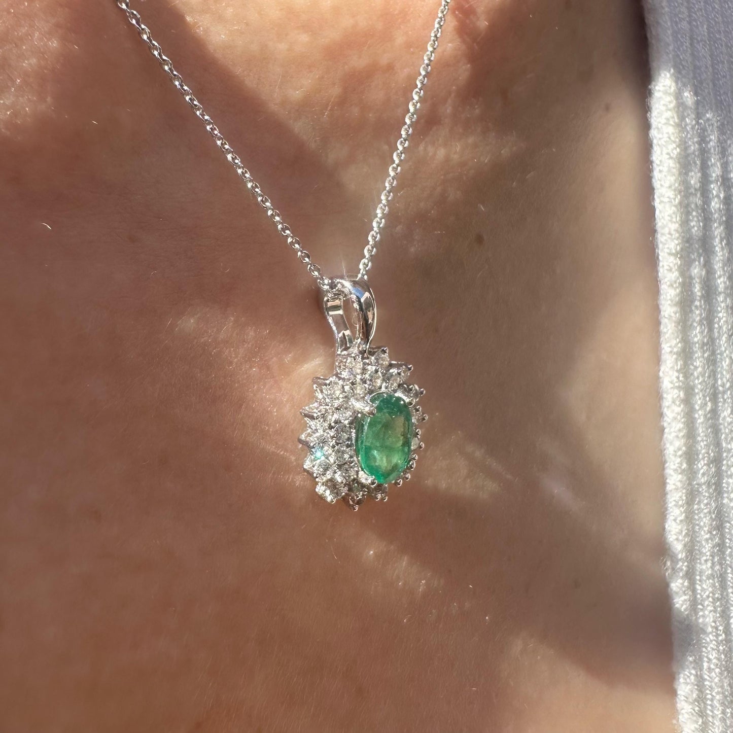 14K Solid White Gold Genuine Emerald and Diamond Halo Pendant