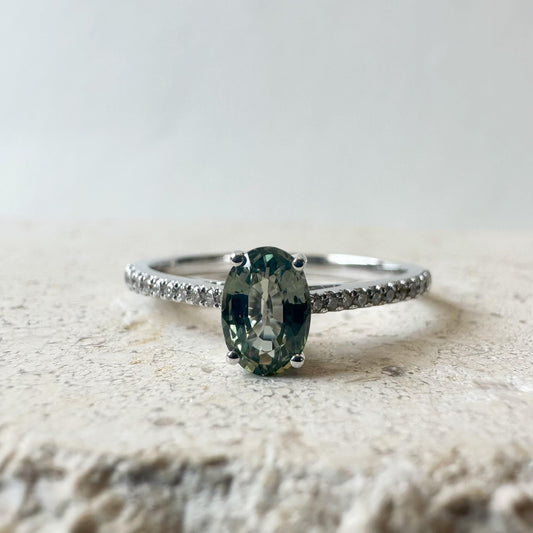 14K Solid White Gold Genuine Oval Green Sapphire and Diamond Ring