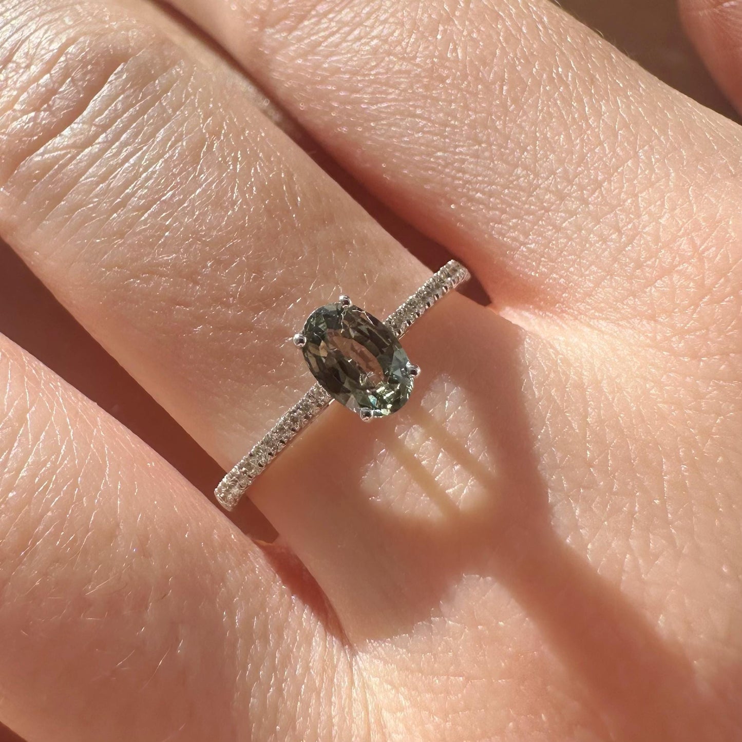 14K Solid White Gold Genuine Oval Green Sapphire and Diamond Ring