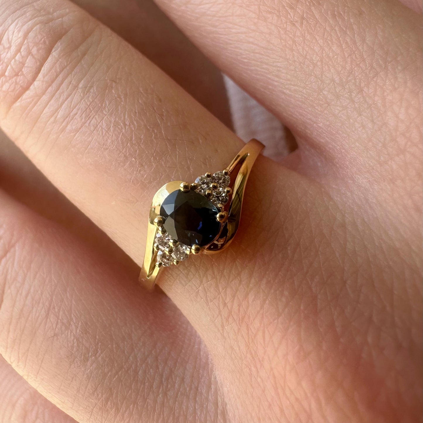 14K Solid Gold Genuine Diamond and Oval Sapphire Ring