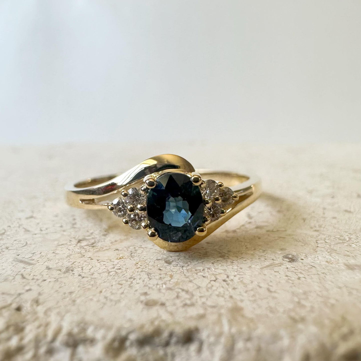 14K Solid Gold Genuine Diamond and Oval Sapphire Ring