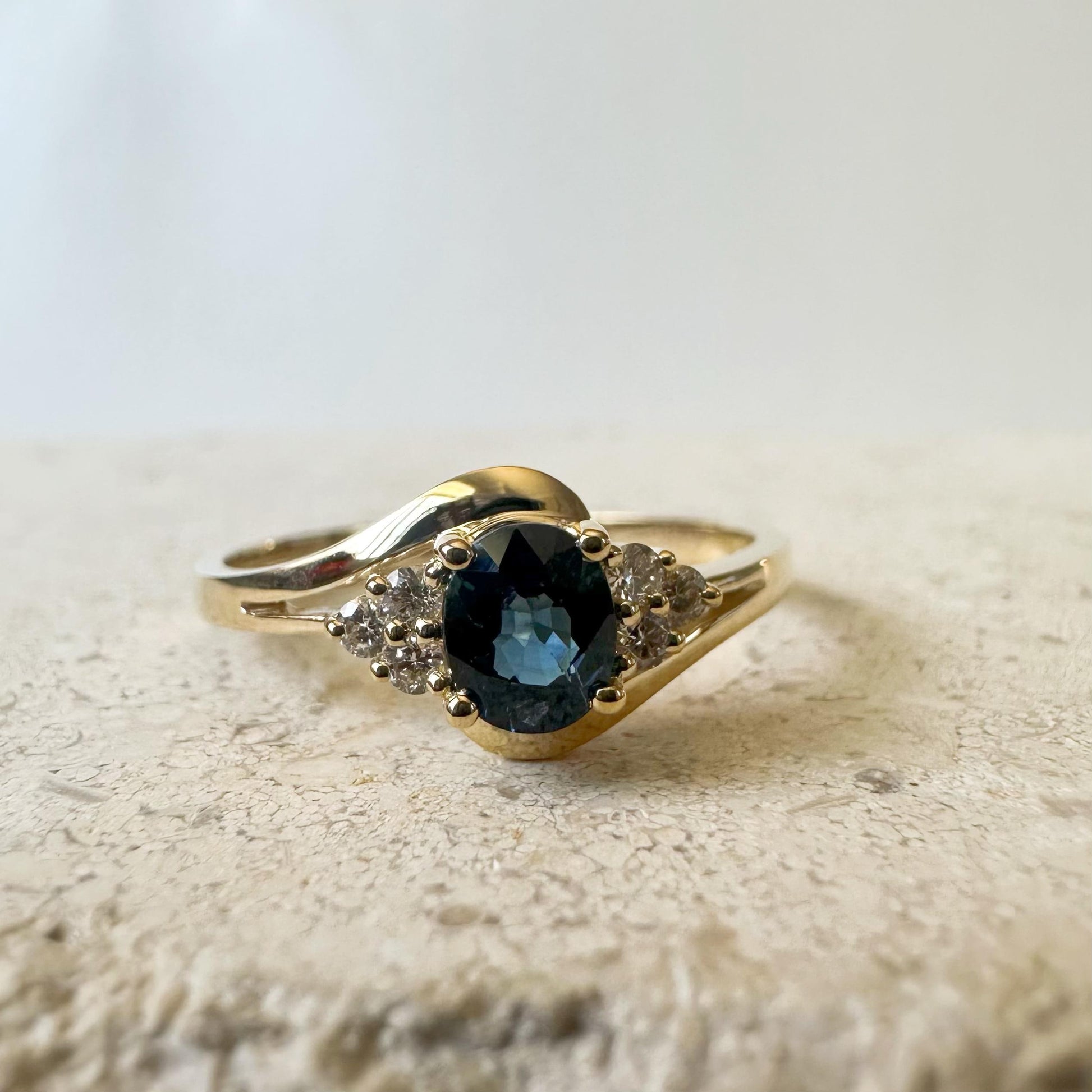 14K Solid Gold Genuine Diamond and Oval Sapphire Ring