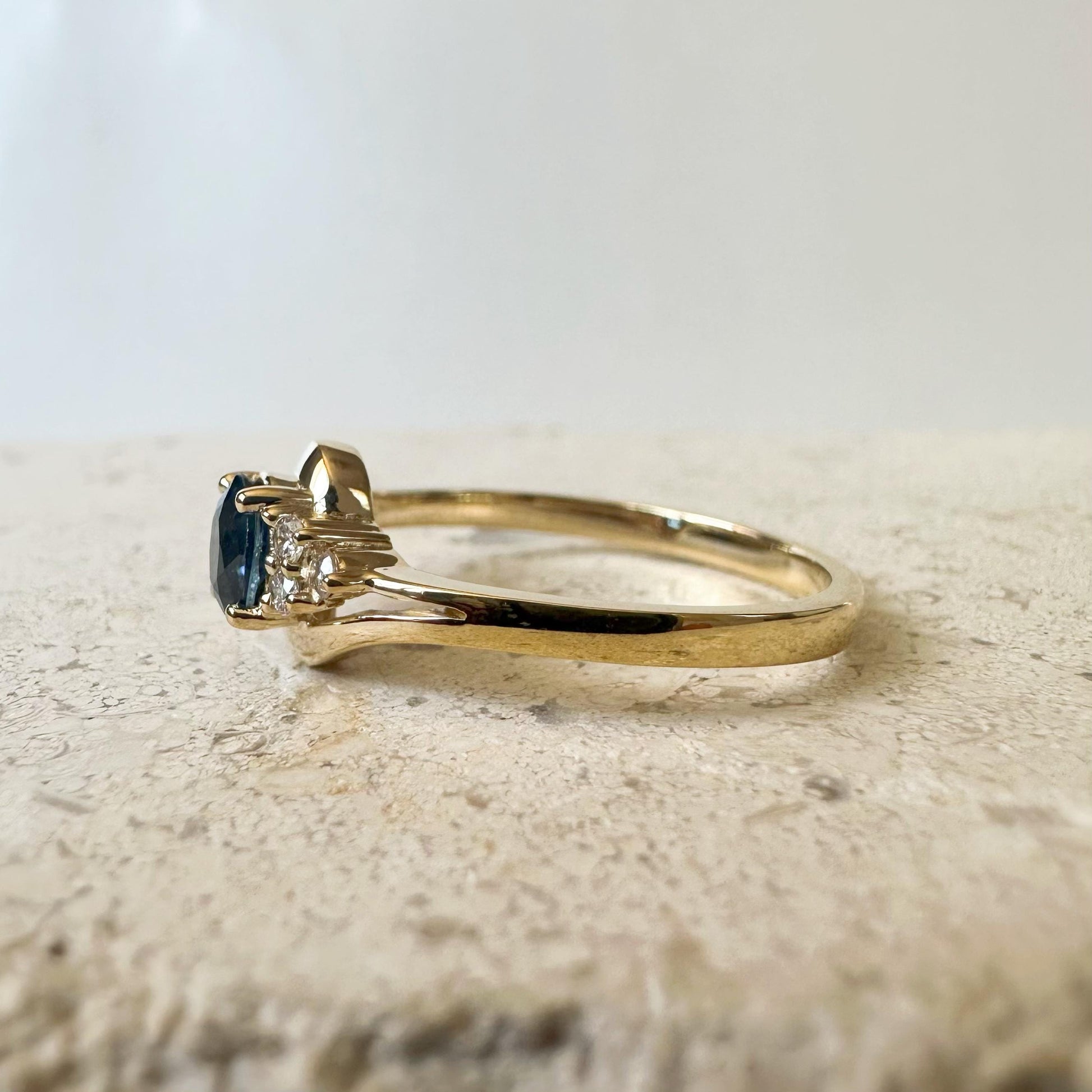 14K Solid Gold Genuine Diamond and Oval Sapphire Ring