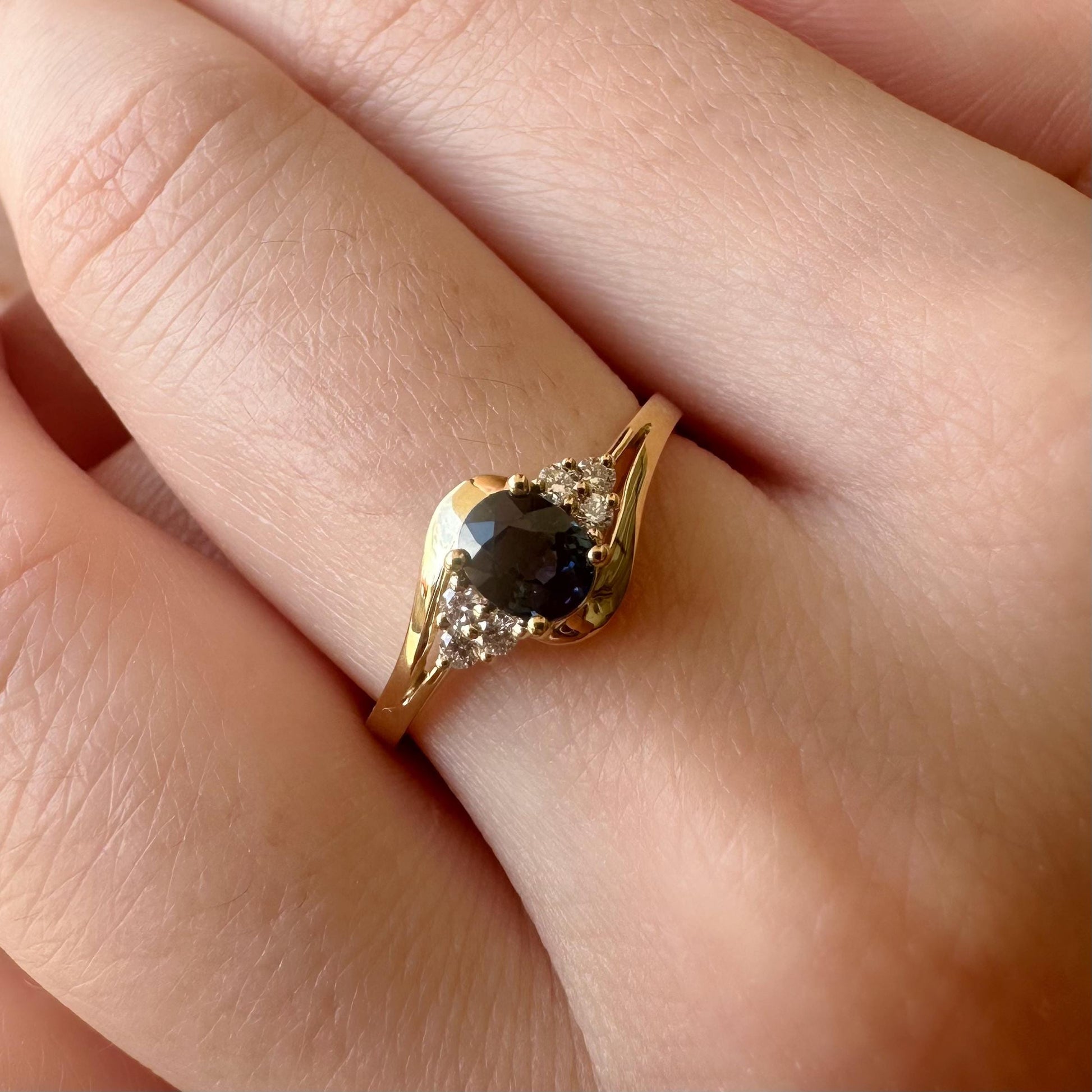 14K Solid Gold Genuine Diamond and Oval Sapphire Ring