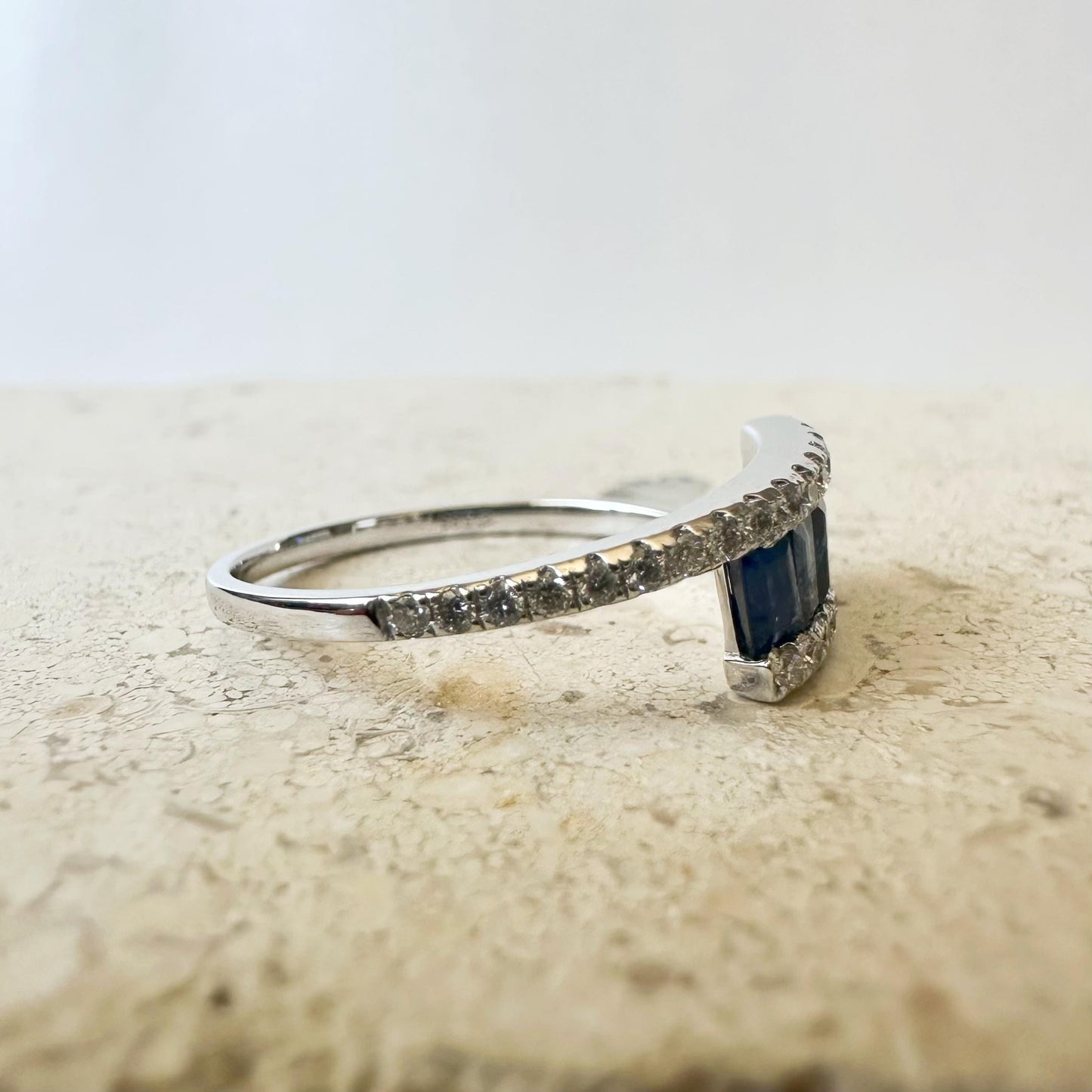 14K Solid White Gold Genuine Baguette Sapphire and Diamond Ring