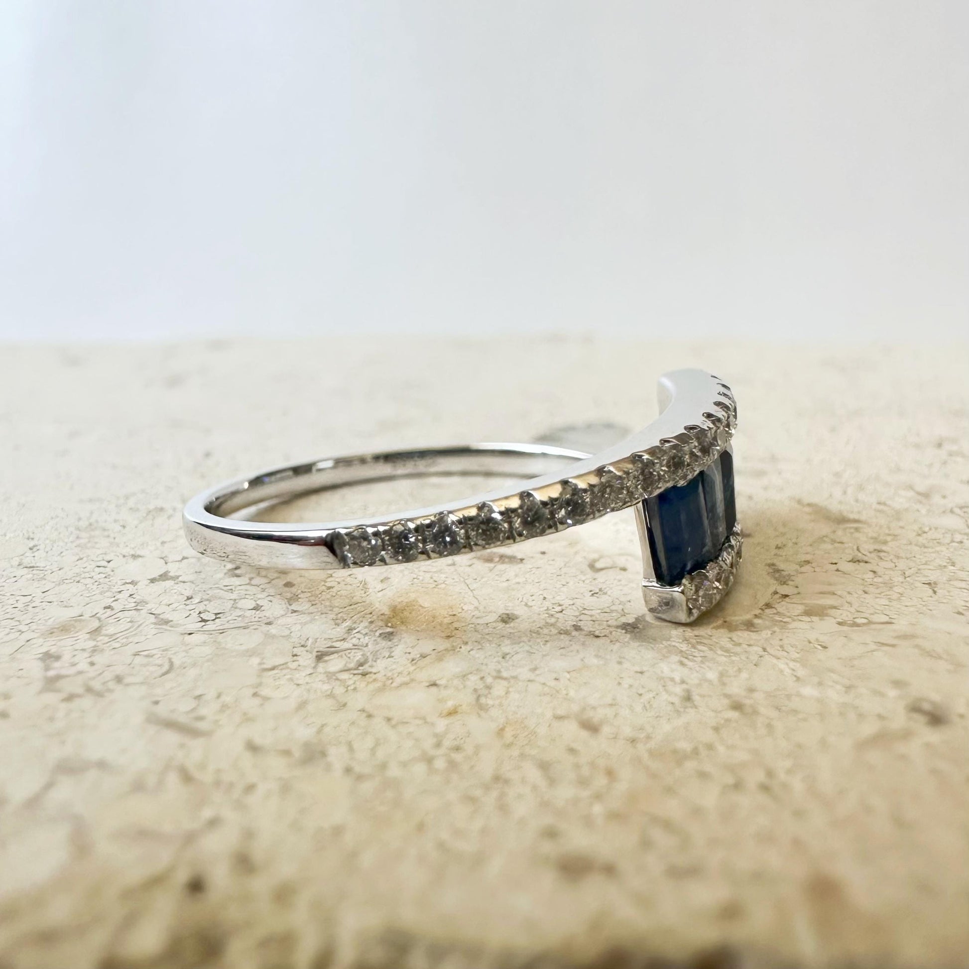 14K Solid White Gold Genuine Baguette Sapphire and Diamond Ring