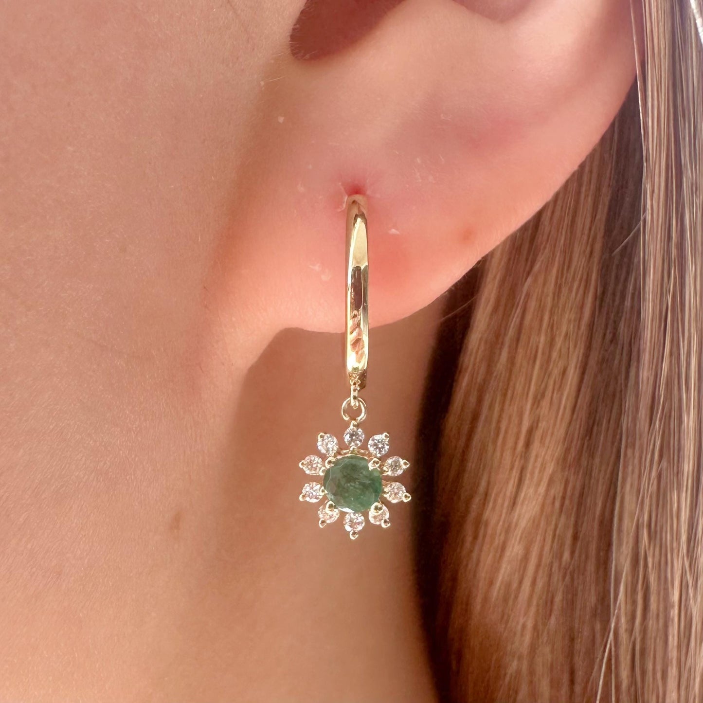 14K Solid Gold Genuine Dangle Diamond and Emerald Sun Hoops