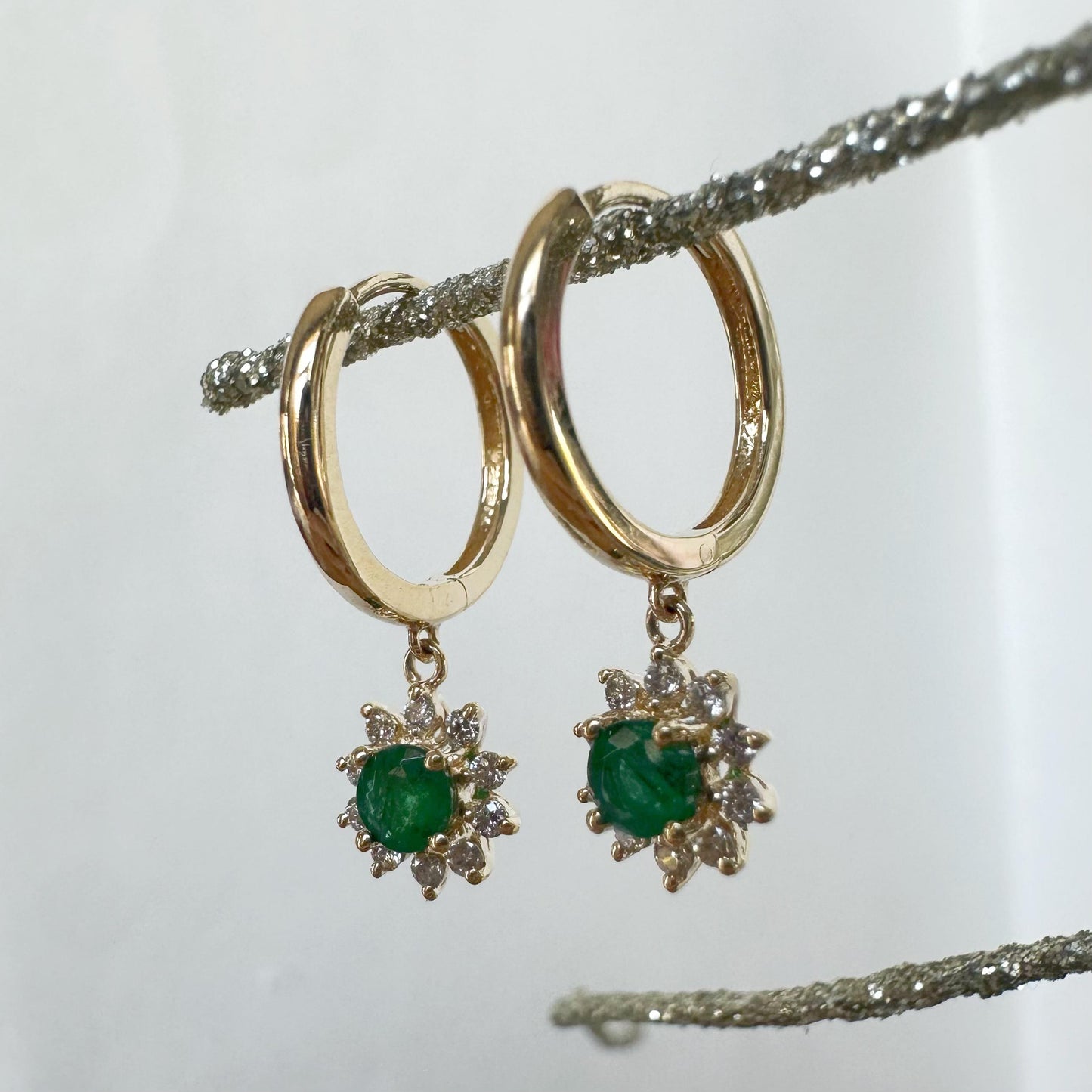 14K Solid Gold Genuine Dangle Diamond and Emerald Sun Hoops