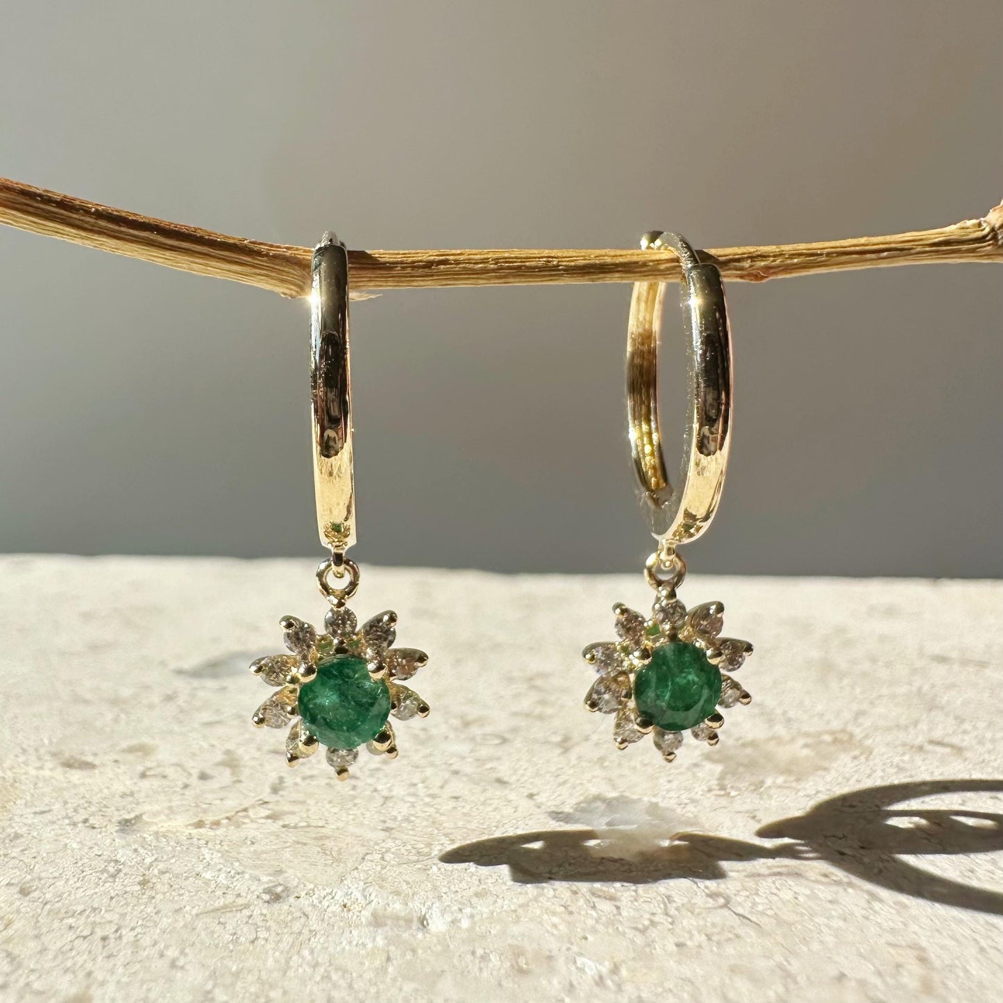 14K Solid Gold Genuine Dangle Diamond and Emerald Sun Hoops