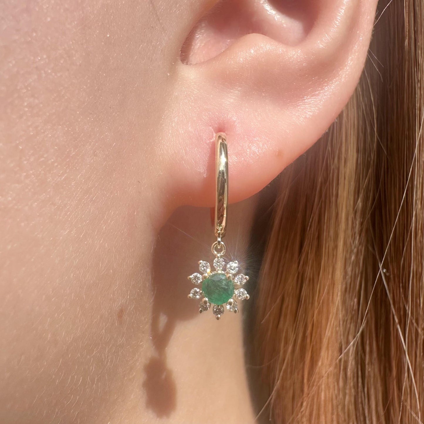 14K Solid Gold Genuine Dangle Diamond and Emerald Sun Hoops