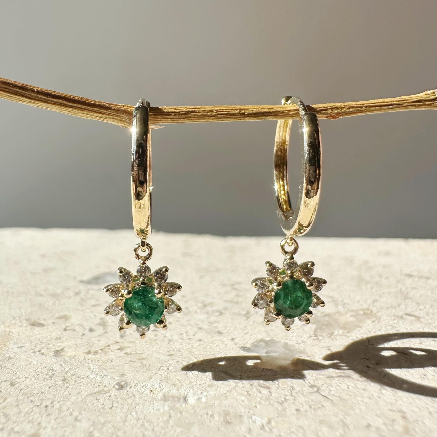 14K Solid Gold Genuine Dangle Diamond and Emerald Sun Hoops