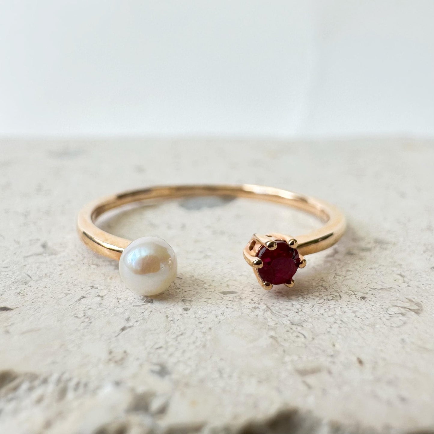 18K Solid Rose Gold Genuine Ruby and Pearl Ring