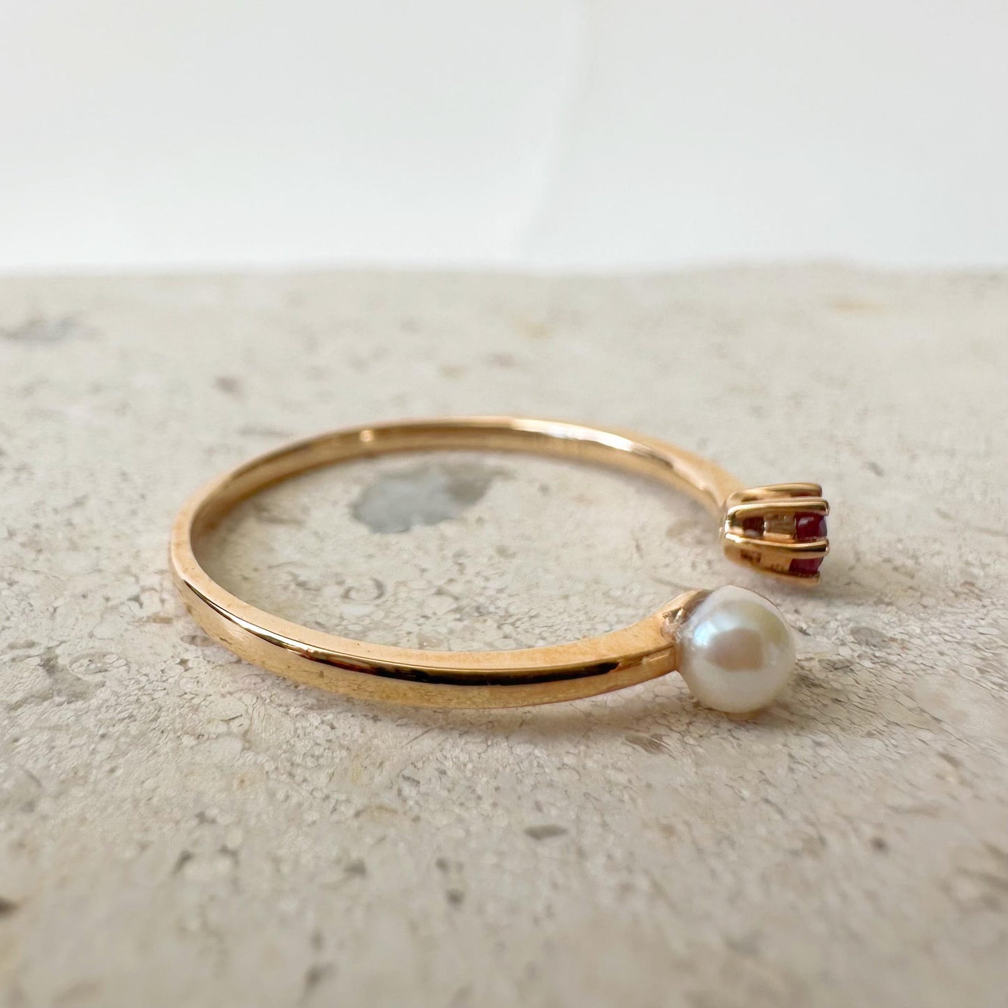 18K Solid Rose Gold Genuine Ruby and Pearl Ring